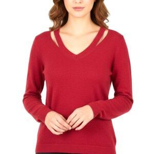 100% Cashmere Women's Red Cut-Out Shoulder V-Neck LS Pullover Sweater Size M
